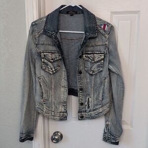Fire Los Angeles Blue Jean Jacket with Distressing And  Flag Inspired Patches